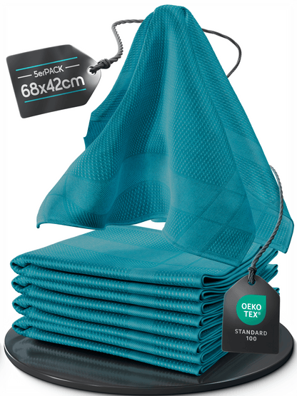 Microfaser Geschirrtücher petrol 5 Stück Set, 68x42cm, Hochsaugend & Schnelltrocknend, Streifenfrei, bis 95°C Waschbar, Küchenhandtücher, fusselfrei