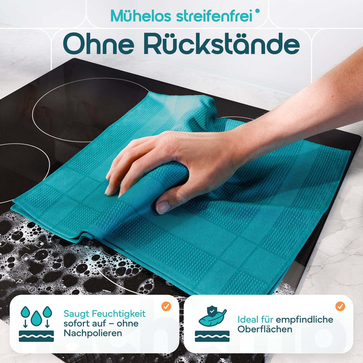 Microfaser Geschirrtücher petrol 10 Stück Set, 68x42cm, Hochsaugend & Schnelltrocknend, Streifenfrei, bis 95°C Waschbar, Küchenhandtücher, fusselfrei