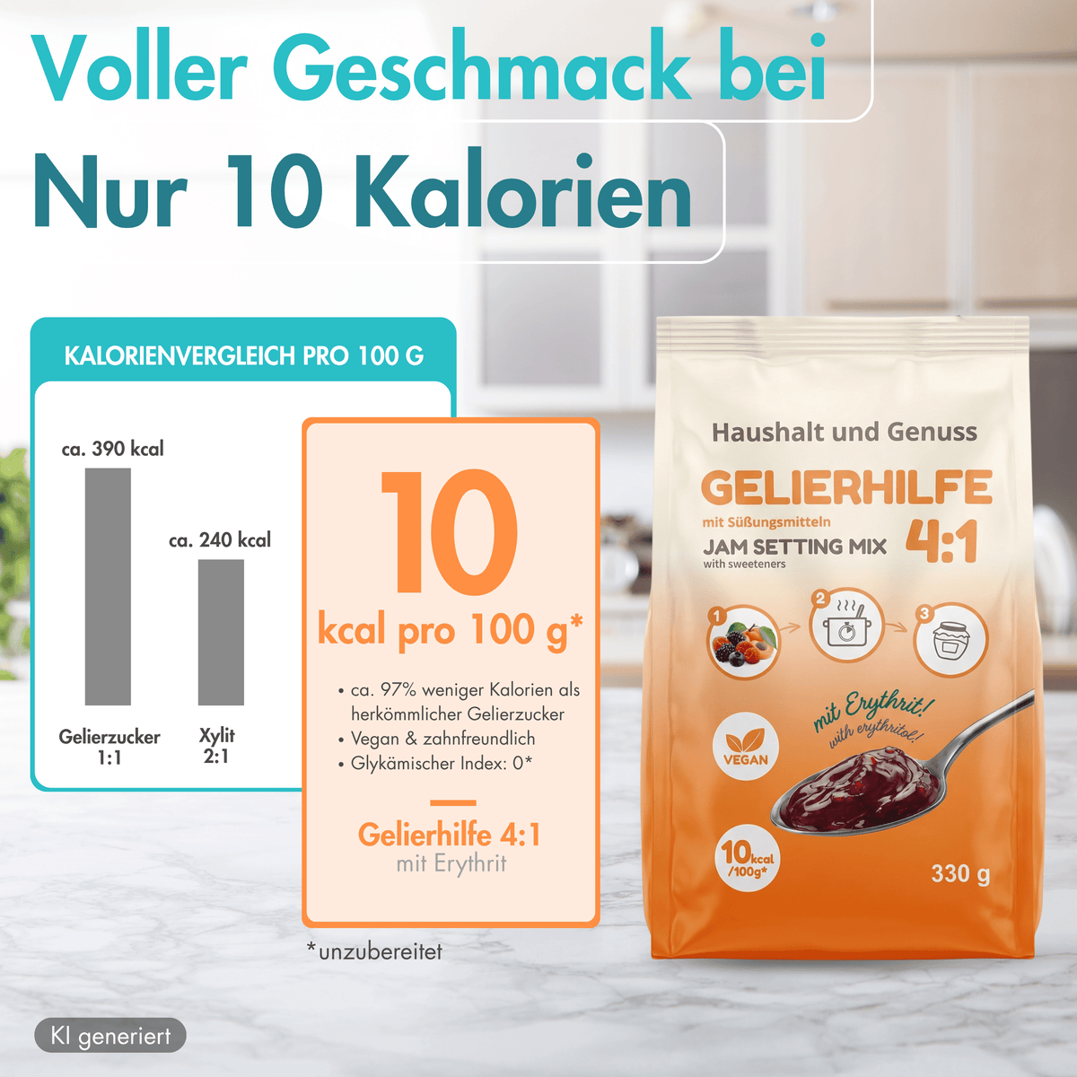 Gelierhilfe 4:1 mit Erythrit – Nur 10 kcal | Alternative zu Gelierzucker für Keto & Diabetiker | Vegan & zahnfreundlich | 330g