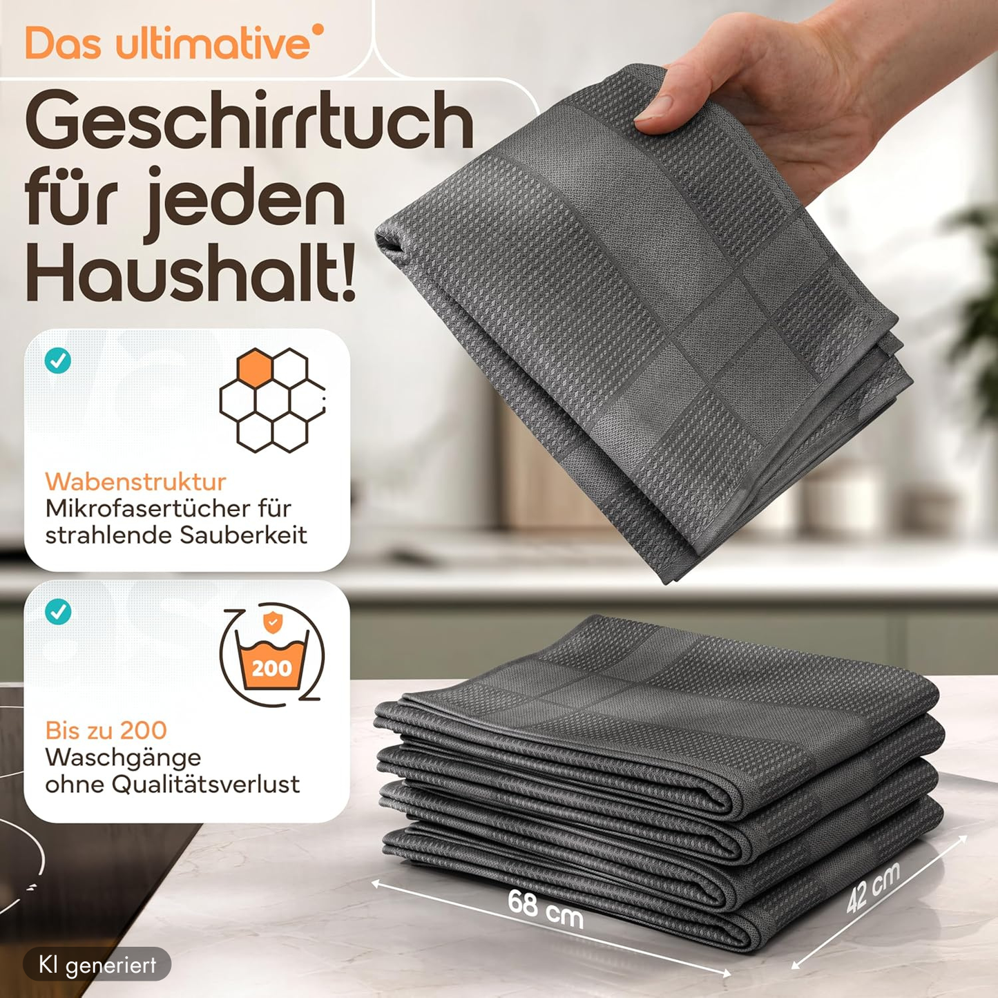 Microfaser Geschirrtücher grau 5 Stück Set, 68x42cm, Hochsaugend & Schnelltrocknend, Streifenfrei, bis 95°C Waschbar, Küchenhandtücher, fusselfrei