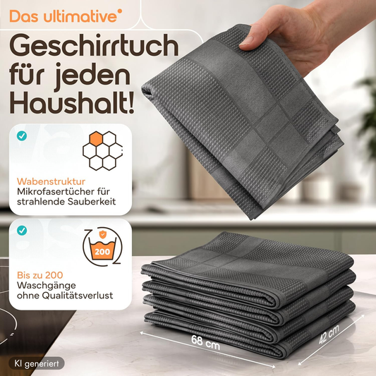 Microfaser Geschirrtücher grau 10 Stück Set, 68x42cm, Hochsaugend & Schnelltrocknend, Streifenfrei, bis 95°C Waschbar, Küchenhandtücher, fusselfrei
