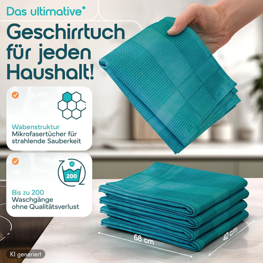 Microfaser Geschirrtücher petrol 10 Stück Set, 68x42cm, Hochsaugend & Schnelltrocknend, Streifenfrei, bis 95°C Waschbar, Küchenhandtücher, fusselfrei