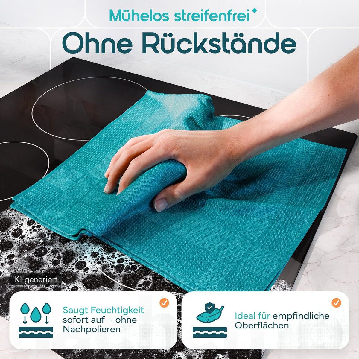 Microfaser Geschirrtücher petrol 5 Stück Set, 68x42cm, Hochsaugend & Schnelltrocknend, Streifenfrei, bis 95°C Waschbar, Küchenhandtücher, fusselfrei